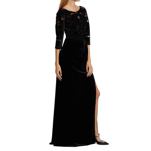 Marchesa Black Velvet Gown Cutwork Floral Embroidered Side Slit Sz 6 - Picture 2 of 10